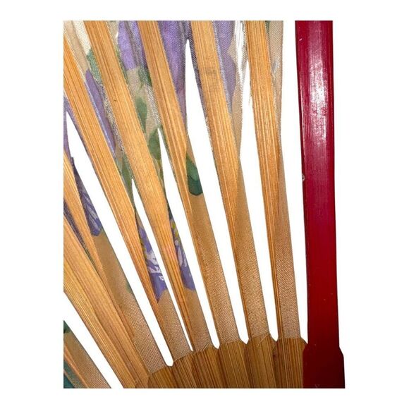 Vintage Hand-Painted Wooden Folding Fan Purple Wisteria Floral Landscape READ - Picture 7 of 10